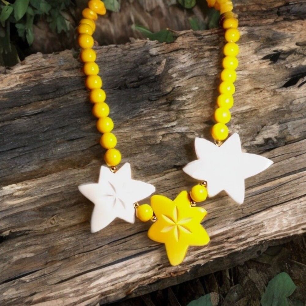 Vintage MCM Butterscotch Yellow Beaded 3 Star Necklace Side Wear 31" Mid-Century